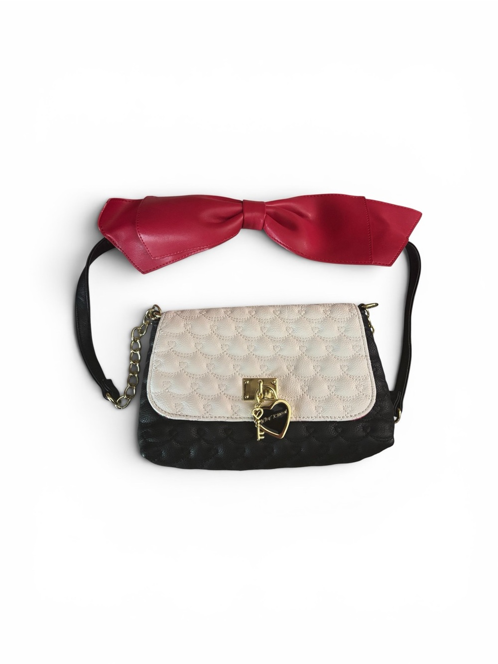 Betsey  Johnson Quilted  Crossbody Bag Heart Lock black cream red bow strap